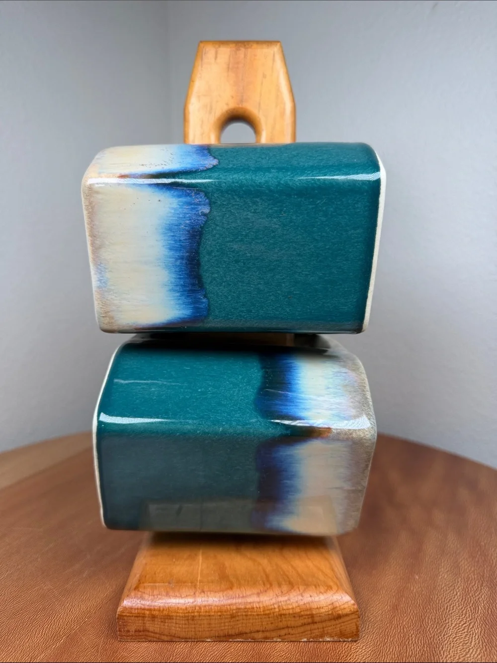 Vtg Padilla Blue Drip Glaze Stacking Signed 4 Coffee Mugs & Wood Stand Mexican
